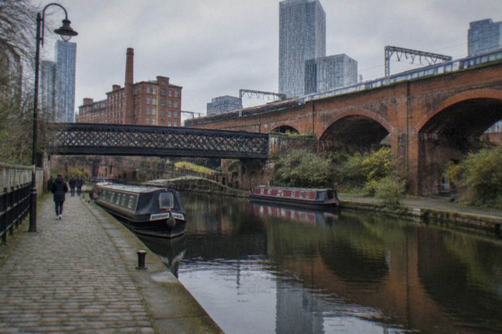 The canal basins and railway viaducts at Castlefield, an industrial heritage area of Manchester